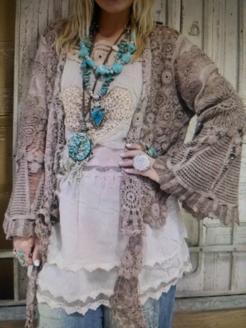 A Rare Bird Desert Rose Mauve/Mocha Crochet Adjustable Tie Throw Over Jacket NWT